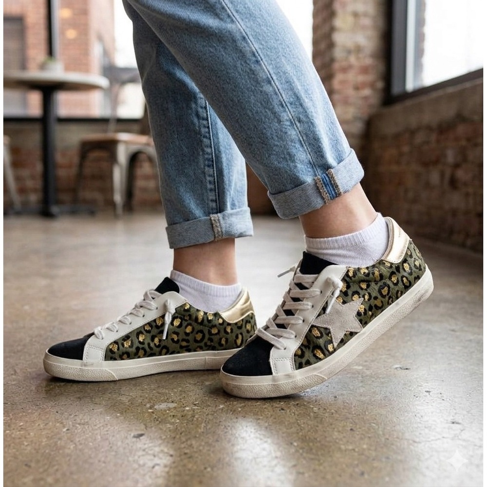 MMM Sneakers Women 9.5 Olive Gold Glam Leopard Print  Star Patch Calf Hair Low